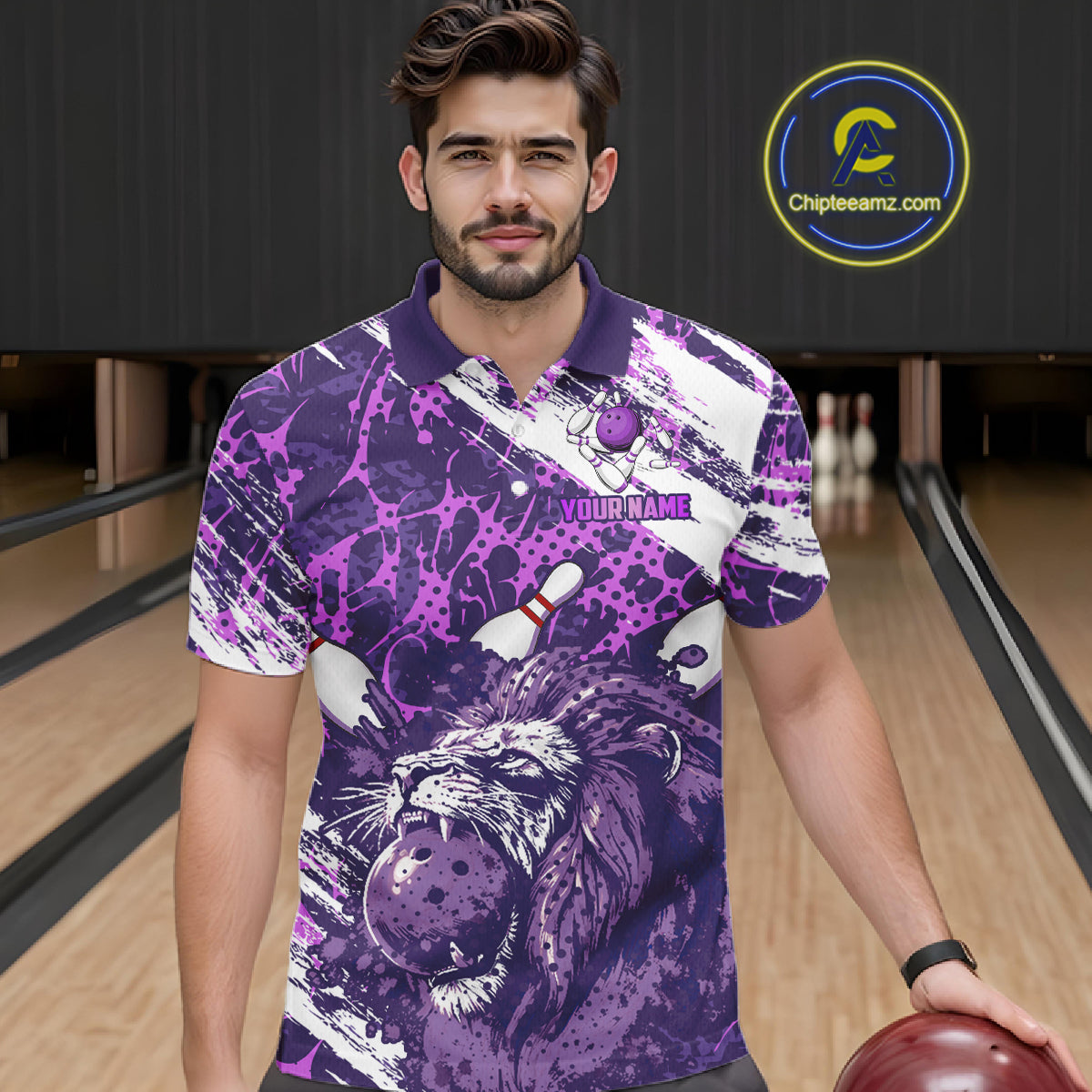 Purple Camo Lion Bowling Polo, 1/4 Zip Shirts for Men Custom Lion Team Bowling Jerseys, Bowler Outfit NQS11604