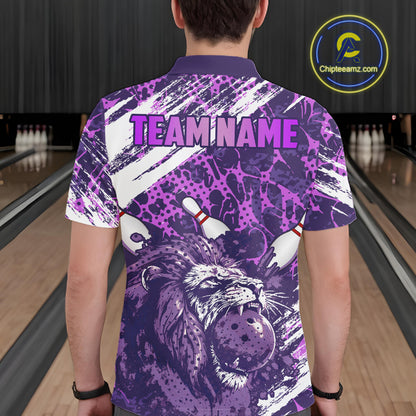 Purple Camo Lion Bowling Polo, 1/4 Zip Shirts for Men Custom Lion Team Bowling Jerseys, Bowler Outfit NQS11604