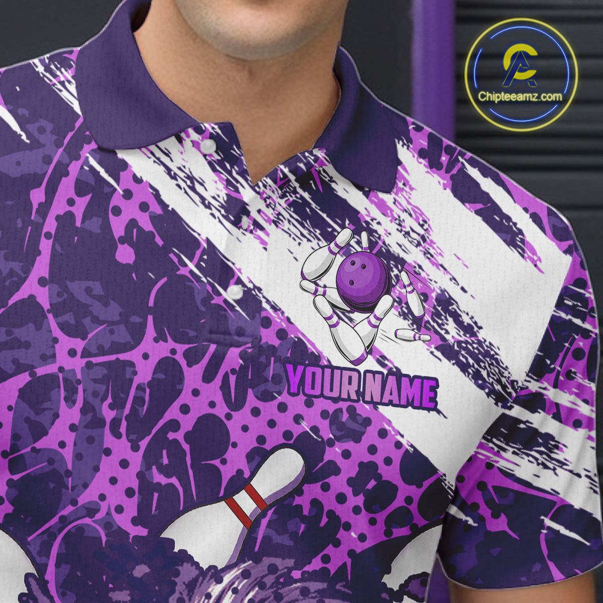 Purple Camo Lion Bowling Polo, 1/4 Zip Shirts for Men Custom Lion Team Bowling Jerseys, Bowler Outfit NQS11604