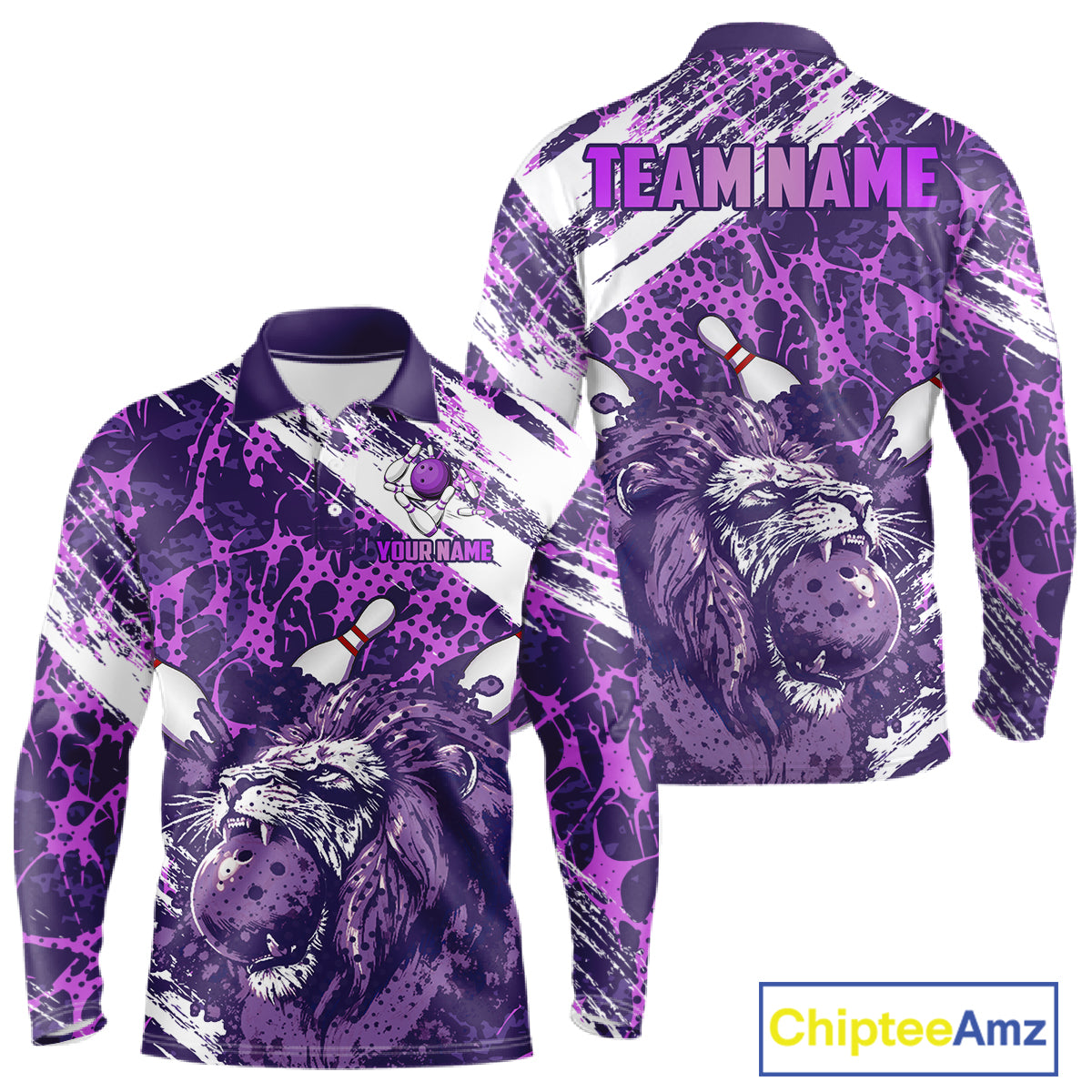 Purple Camo Lion Bowling Polo, 1/4 Zip Shirts for Men Custom Lion Team Bowling Jerseys, Bowler Outfit NQS11604