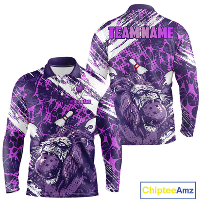 Purple Camo Lion Bowling Polo, 1/4 Zip Shirts for Men Custom Lion Team Bowling Jerseys, Bowler Outfit NQS11604