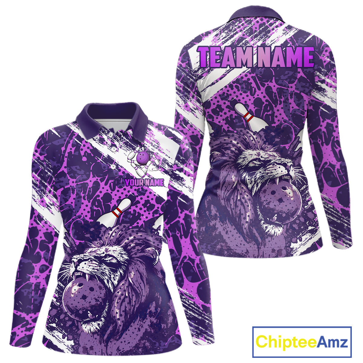 Purple Camo Lion Bowling Polo, 1/4 Zip Shirts for Women Custom Lion Team Bowling Jerseys, Bowler Outfit NQS11604