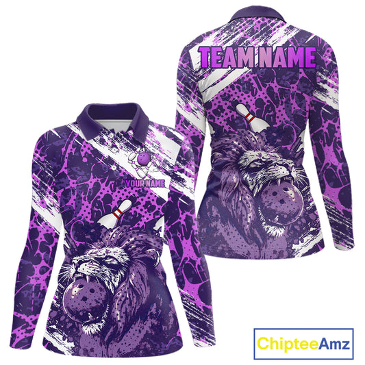 Purple Camo Lion Bowling Polo, 1/4 Zip Shirts for Women Custom Lion Team Bowling Jerseys, Bowler Outfit NQS11604