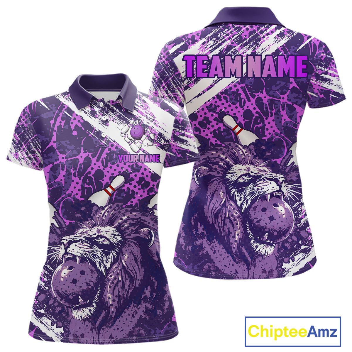 Purple Camo Lion Bowling Polo, 1/4 Zip Shirts for Women Custom Lion Team Bowling Jerseys, Bowler Outfit NQS11604
