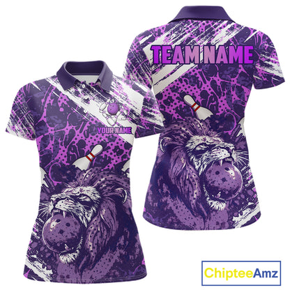 Purple Camo Lion Bowling Polo, 1/4 Zip Shirts for Women Custom Lion Team Bowling Jerseys, Bowler Outfit NQS11604