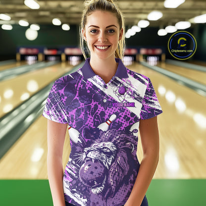 Purple Camo Lion Bowling Polo, 1/4 Zip Shirts for Women Custom Lion Team Bowling Jerseys, Bowler Outfit NQS11604