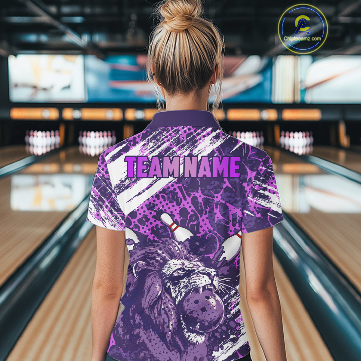 Purple Camo Lion Bowling Polo, 1/4 Zip Shirts for Women Custom Lion Team Bowling Jerseys, Bowler Outfit NQS11604
