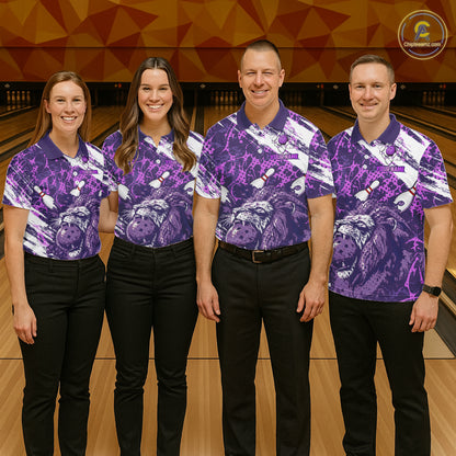 Purple Camo Lion Bowling Polo, 1/4 Zip Shirts for Women Custom Lion Team Bowling Jerseys, Bowler Outfit NQS11604