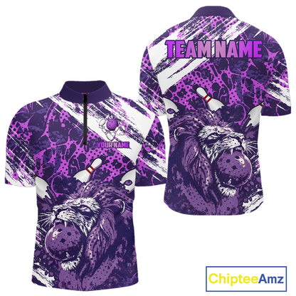 Purple Camo Lion Bowling Polo, 1/4 Zip Shirts for Men Custom Lion Team Bowling Jerseys, Bowler Outfit NQS11604