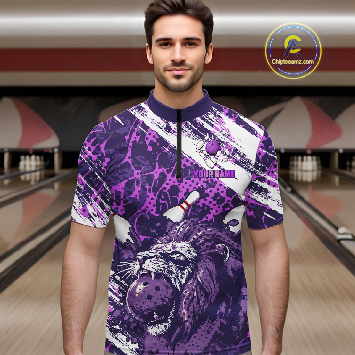 Purple Camo Lion Bowling Polo, 1/4 Zip Shirts for Men Custom Lion Team Bowling Jerseys, Bowler Outfit NQS11604