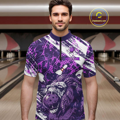 Purple Camo Lion Bowling Polo, 1/4 Zip Shirts for Men Custom Lion Team Bowling Jerseys, Bowler Outfit NQS11604