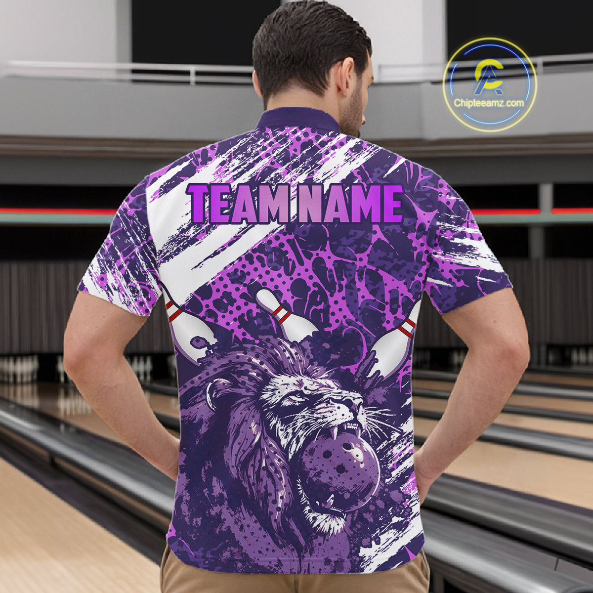 Purple Camo Lion Bowling Polo, 1/4 Zip Shirts for Men Custom Lion Team Bowling Jerseys, Bowler Outfit NQS11604