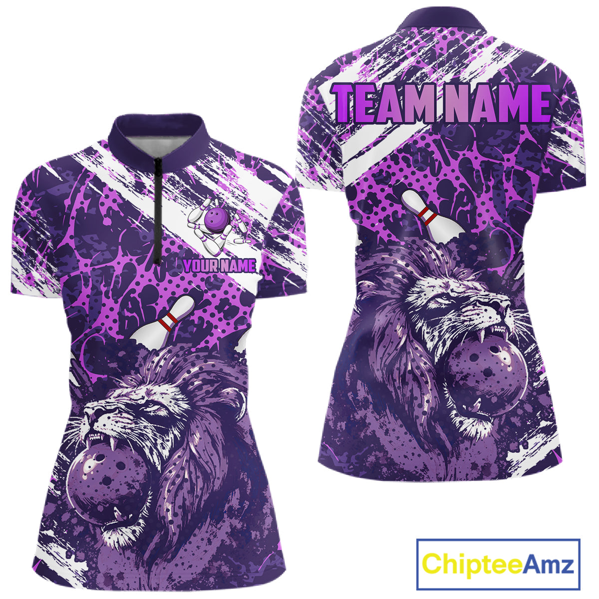 Purple Camo Lion Bowling Polo, 1/4 Zip Shirts for Women Custom Lion Team Bowling Jerseys, Bowler Outfit NQS11604