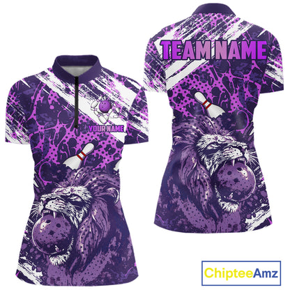 Purple Camo Lion Bowling Polo, 1/4 Zip Shirts for Women Custom Lion Team Bowling Jerseys, Bowler Outfit NQS11604