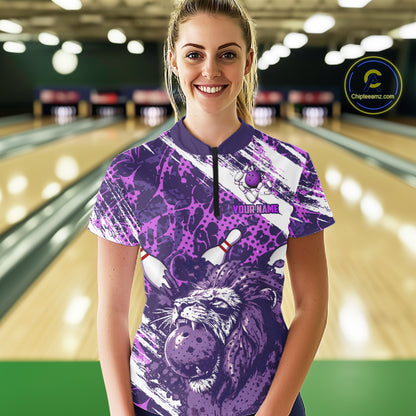 Purple Camo Lion Bowling Polo, 1/4 Zip Shirts for Women Custom Lion Team Bowling Jerseys, Bowler Outfit NQS11604