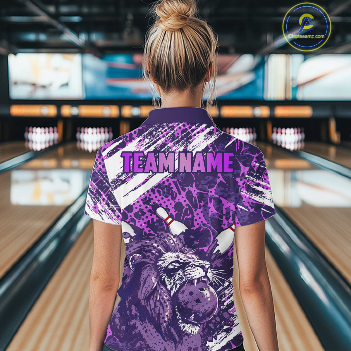 Purple Camo Lion Bowling Polo, 1/4 Zip Shirts for Women Custom Lion Team Bowling Jerseys, Bowler Outfit NQS11604