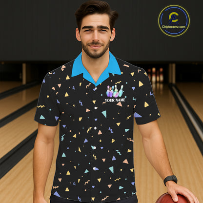Hologram colors geometric pattern Black Bowling Button-up Shirts Custom Team Bowling League Jersey NQS11607