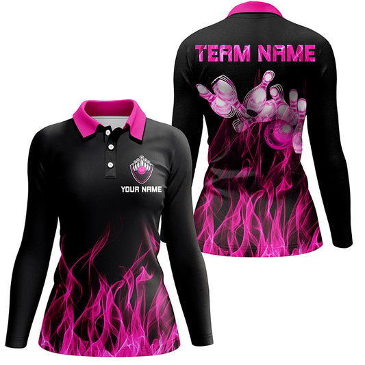 Black Pink personalized bowling shirt for women – custom name design side view