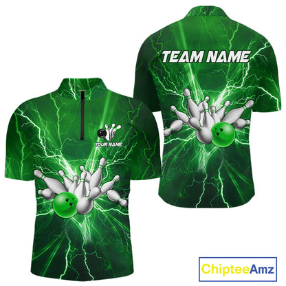Men's Bowling Shirts Custom Green Lightning Thunder Bowling Team Jersey, gift for team Bowlers NQS10602