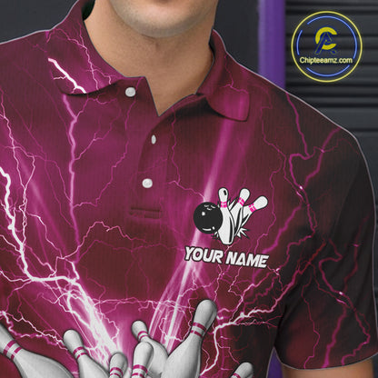 Men's Bowling Shirts Custom Pink Lightning Thunder Bowling Team Jersey, gift for team Bowlers NQS10603