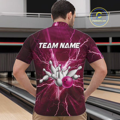 Men's Bowling Shirts Custom Pink Lightning Thunder Bowling Team Jersey, gift for team Bowlers NQS10603