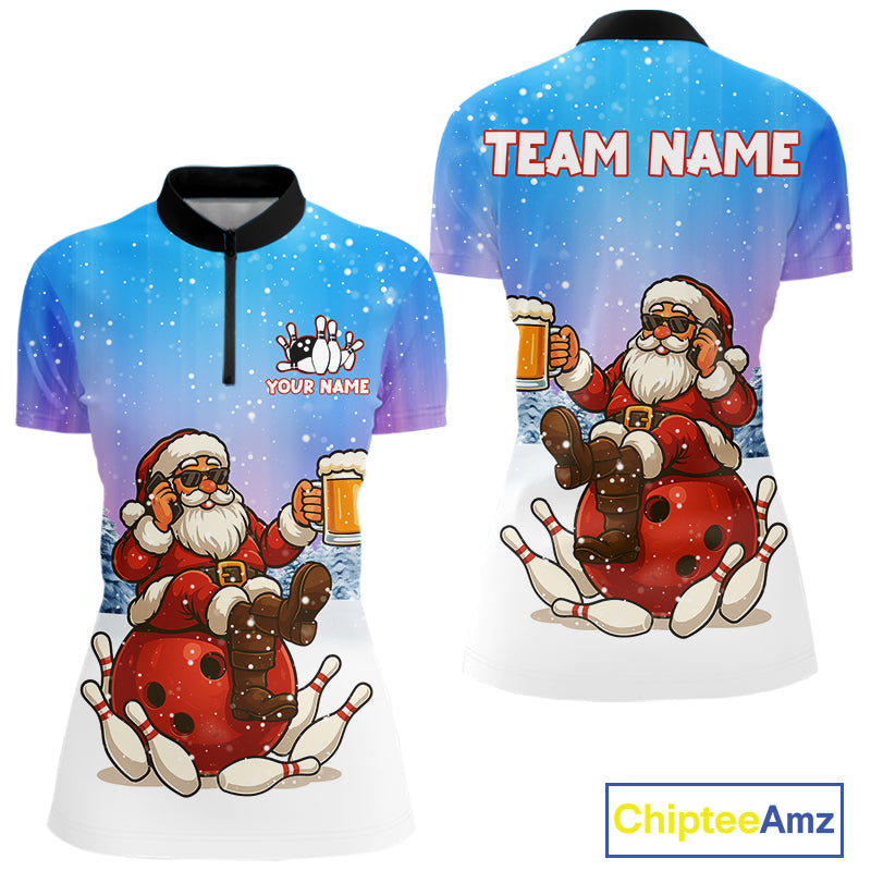 Funny Santa drinking Beer Bowling Shirt For Women Custom Christmas Bowling Team Shirt Gift For Bowler NQS11009