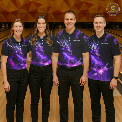 Black and Purple Flame Dragon Bowling Polo, 1/4 Zip Shirts For Men Custom Dragon Bowling Team Jerseys NQS11211
