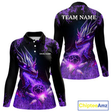 Load image into Gallery viewer, Black and Purple Flame Dragon Bowling Polo, 1/4 Zip Shirts Women Custom Dragon Bowling Team Jerseys NQS11211