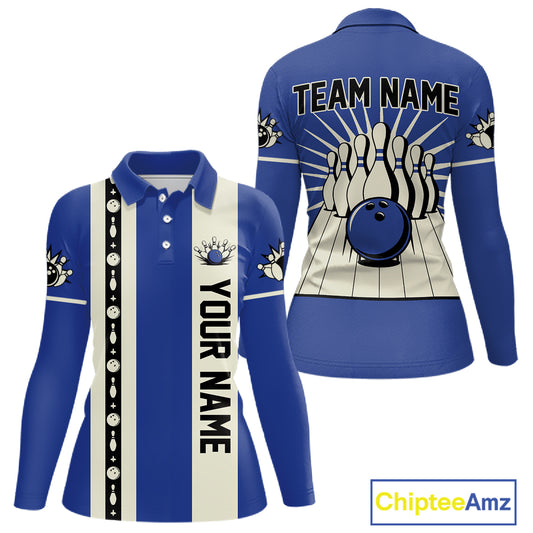 Blue Retro Bowling Polo, Quarter Zip Shirts For Women Custom Vintage Bowling Team Jerseys NQS11212