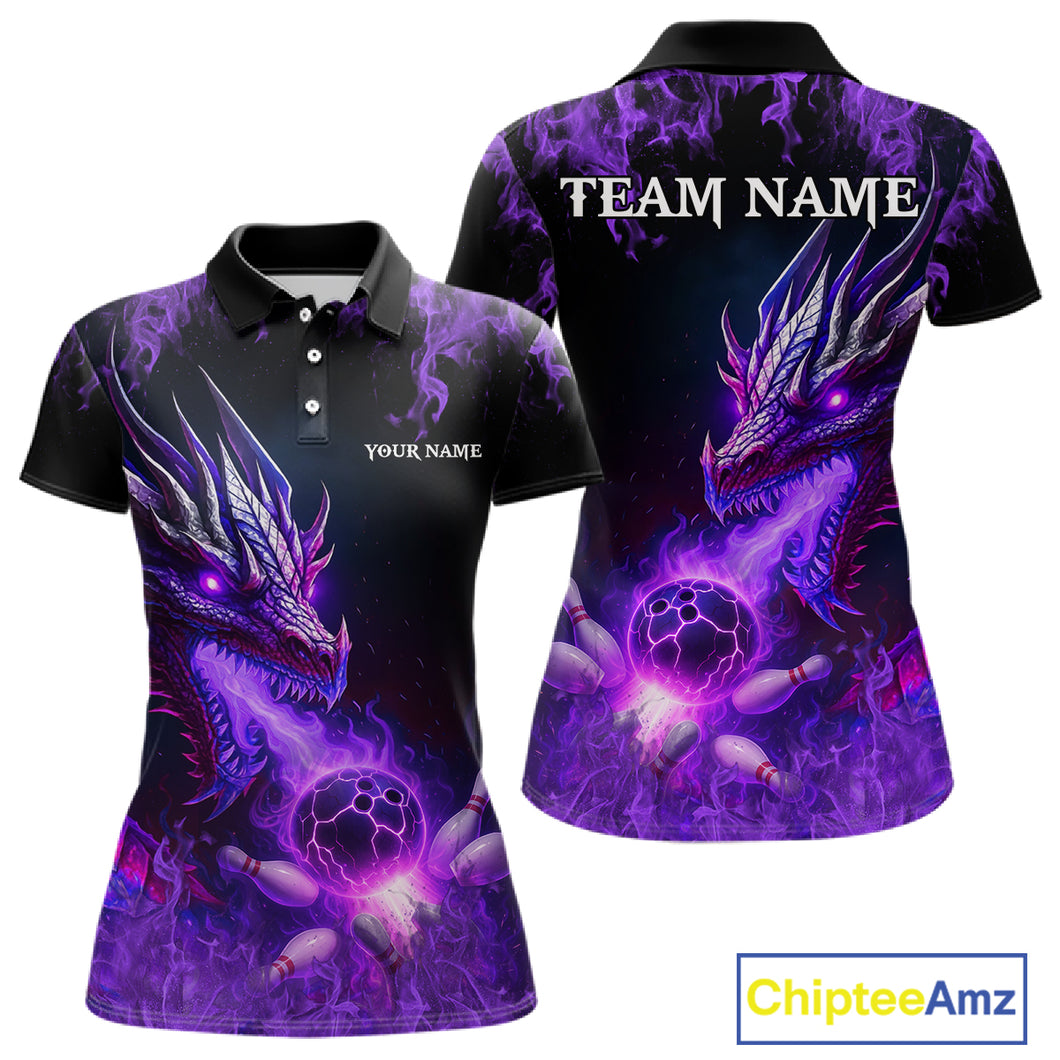 Black and Purple Flame Dragon Bowling Polo, 1/4 Zip Shirts Women Custom Dragon Bowling Team Jerseys NQS11211