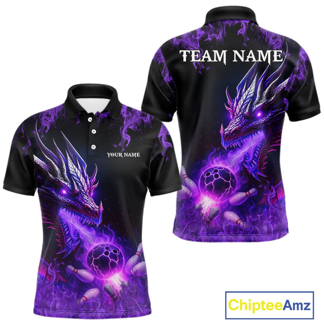 Black and Purple Flame Dragon Bowling Polo, 1/4 Zip Shirts For Men Custom Dragon Bowling Team Jerseys NQS11211