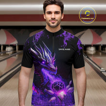 Load image into Gallery viewer, Black and Purple Flame Dragon Bowling Polo, 1/4 Zip Shirts For Men Custom Dragon Bowling Team Jerseys NQS11211