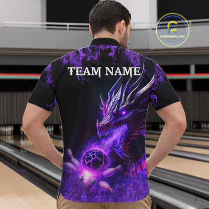 Black and Purple Flame Dragon Bowling Polo, 1/4 Zip Shirts For Men Custom Dragon Bowling Team Jerseys NQS11211
