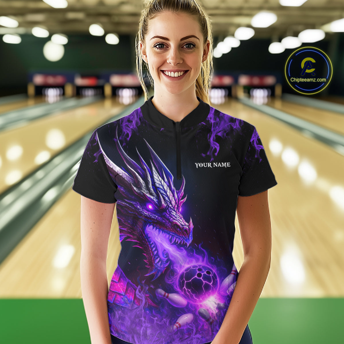 Black and Purple Flame Dragon Bowling Polo, 1/4 Zip Shirts Women Custom Dragon Bowling Team Jerseys NQS11211
