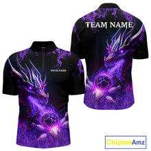 Load image into Gallery viewer, Black and Purple Flame Dragon Bowling Polo, 1/4 Zip Shirts For Men Custom Dragon Bowling Team Jerseys NQS11211