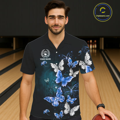 Custom Blue Butterfly Bowling Button-up Shirt, Bowling Team Shirt With Butterflies NQS11612