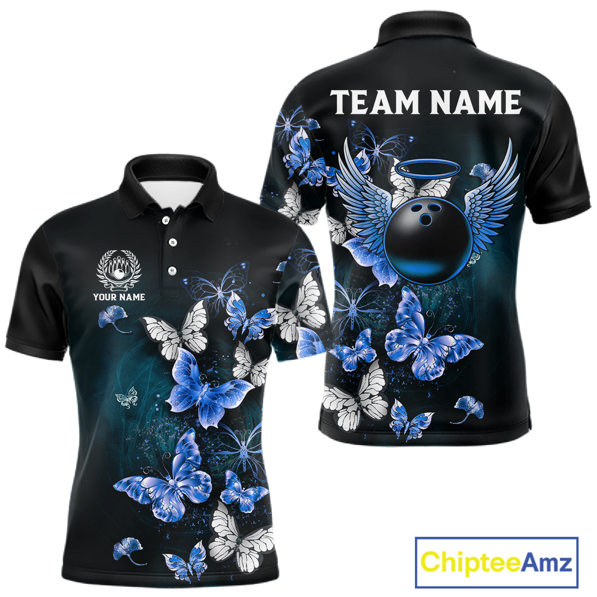Custom Blue Butterfly Bowling Polo Shirt, 1/4 zip jersey For Men, Bowling Team Shirt With Butterflies NQS11612