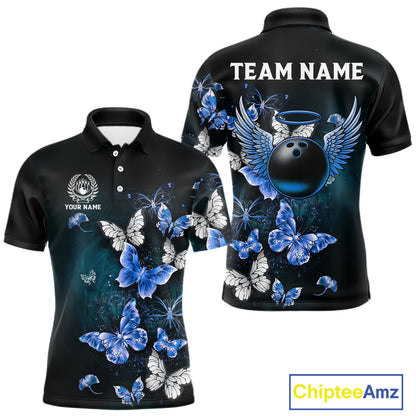 Custom Blue Butterfly Bowling Polo Shirt, 1/4 zip jersey For Men, Bowling Team Shirt With Butterflies NQS11612