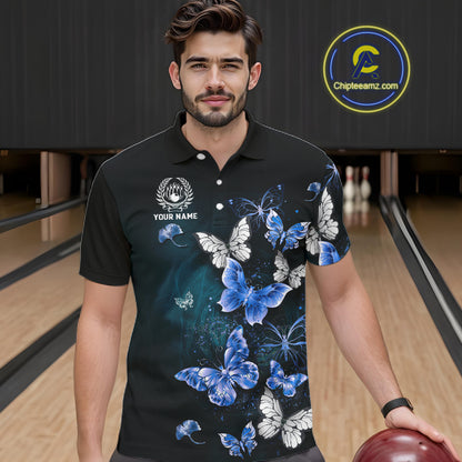 Custom Blue Butterfly Bowling Polo Shirt, 1/4 zip jersey For Men, Bowling Team Shirt With Butterflies NQS11612