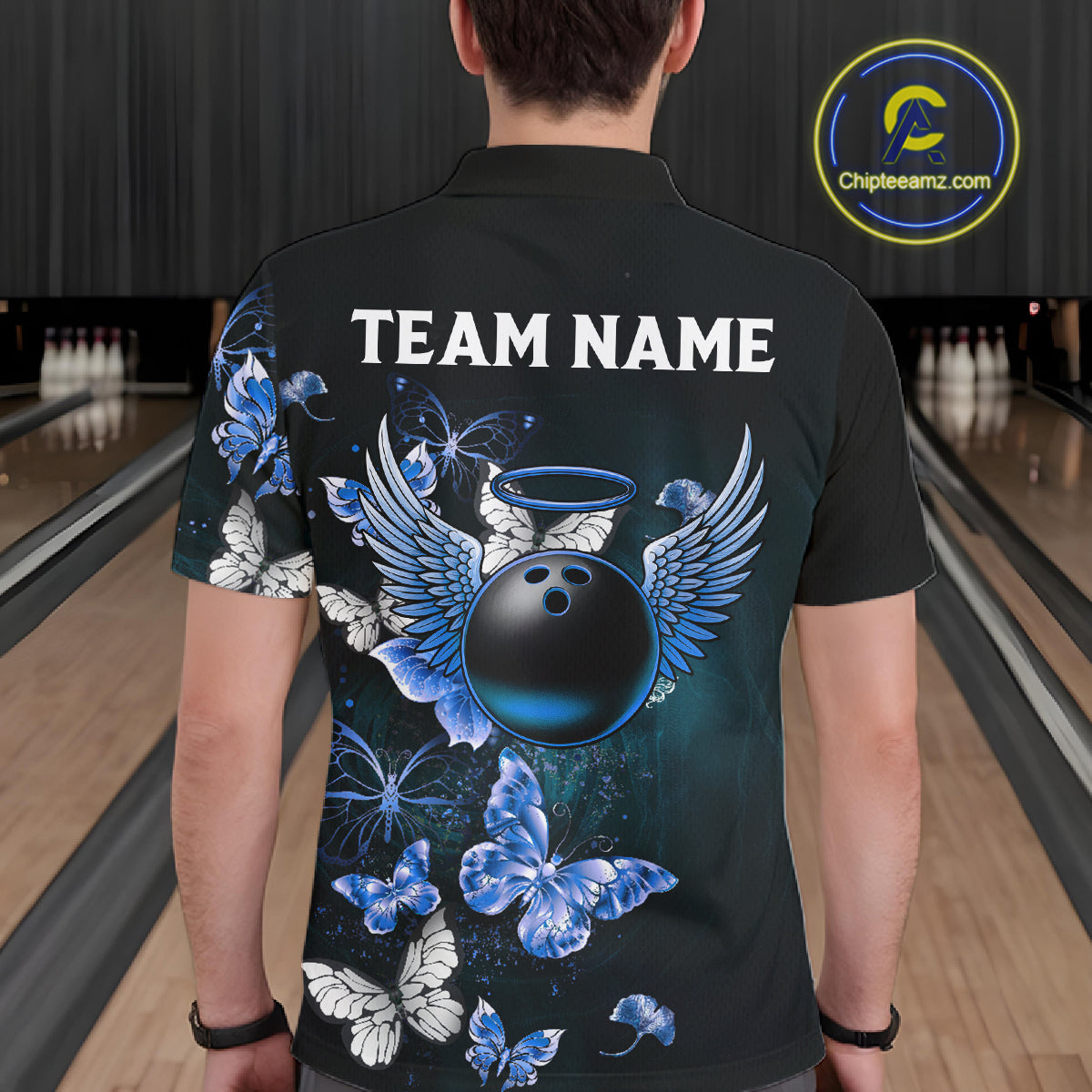 Custom Blue Butterfly Bowling Polo Shirt, 1/4 zip jersey For Men, Bowling Team Shirt With Butterflies NQS11612