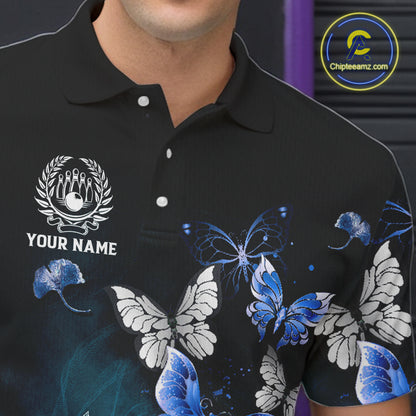 Custom Blue Butterfly Bowling Polo Shirt, 1/4 zip jersey For Men, Bowling Team Shirt With Butterflies NQS11612