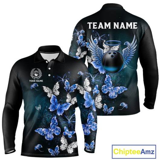 Custom Blue Butterfly Bowling Polo Shirt, 1/4 zip jersey For Men, Bowling Team Shirt With Butterflies NQS11612