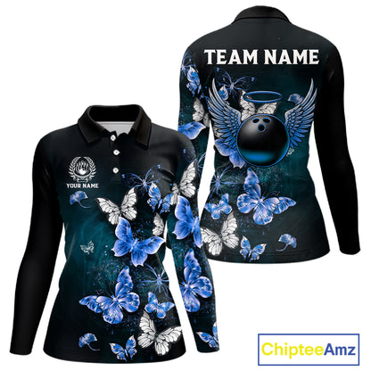 Custom Blue Butterfly Bowling 1/4 zip, Polo Shirt For Women, Bowling Team Shirt With Butterflies NQS11612