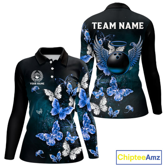 Custom Blue Butterfly Bowling 1/4 zip, Polo Shirt For Women, Bowling Team Shirt With Butterflies NQS11612