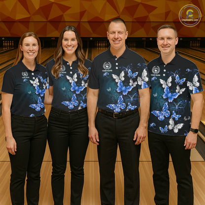 Custom Blue Butterfly Bowling 1/4 zip, Polo Shirt For Women, Bowling Team Shirt With Butterflies NQS11612