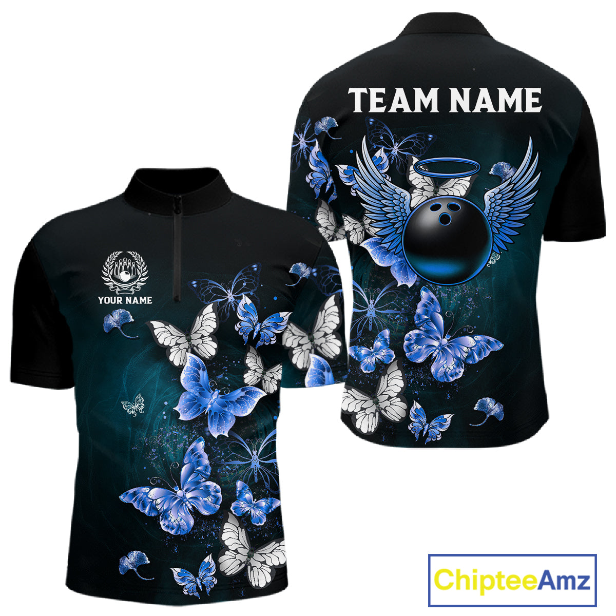 Custom Blue Butterfly Bowling Polo Shirt, 1/4 zip jersey For Men, Bowling Team Shirt With Butterflies NQS11612