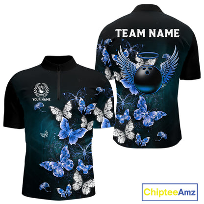 Custom Blue Butterfly Bowling Polo Shirt, 1/4 zip jersey For Men, Bowling Team Shirt With Butterflies NQS11612