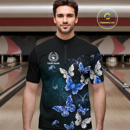 Custom Blue Butterfly Bowling Polo Shirt, 1/4 zip jersey For Men, Bowling Team Shirt With Butterflies NQS11612