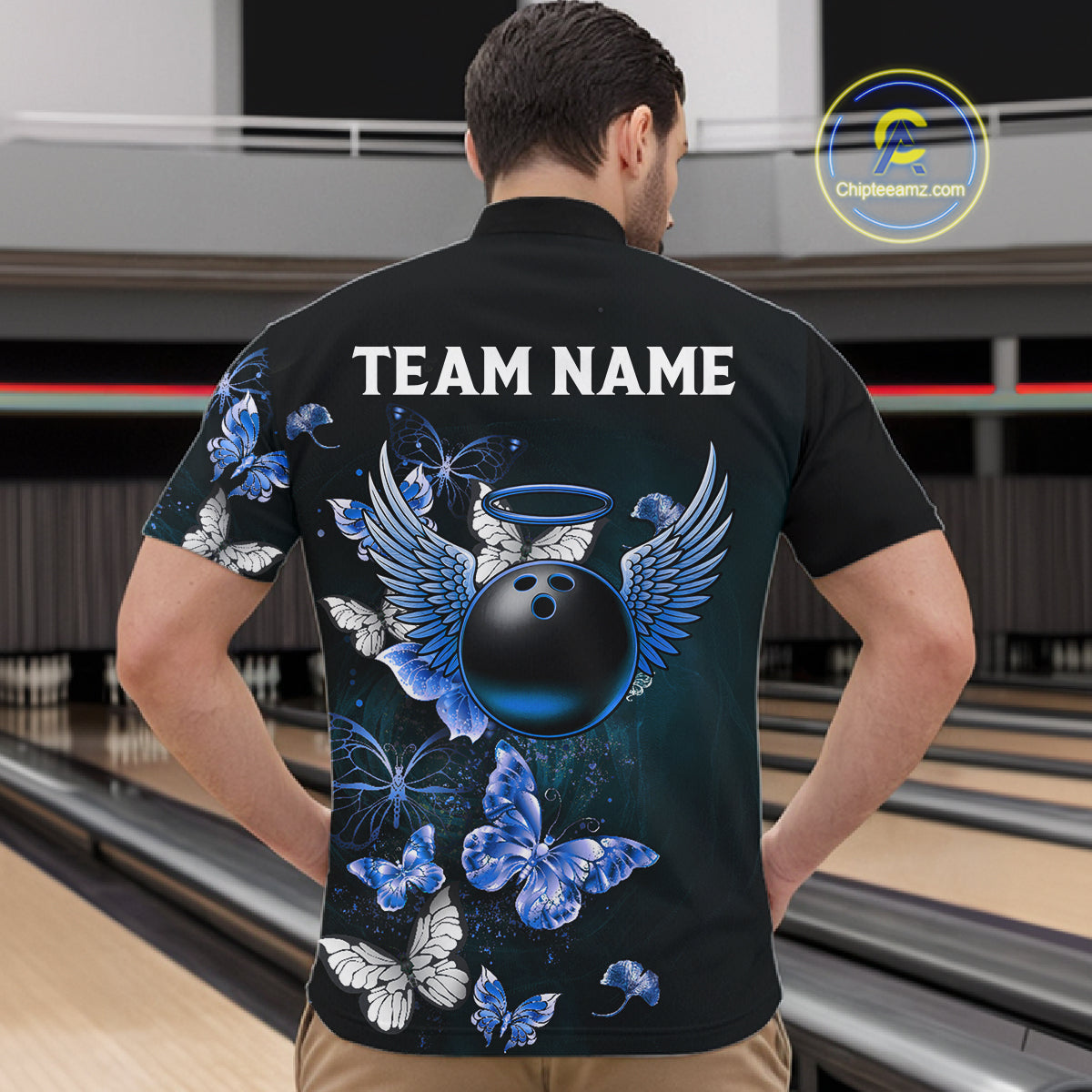 Custom Blue Butterfly Bowling Polo Shirt, 1/4 zip jersey For Men, Bowling Team Shirt With Butterflies NQS11612