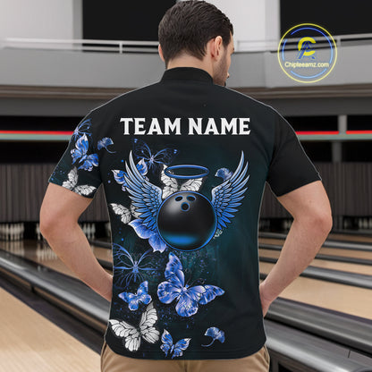 Custom Blue Butterfly Bowling Polo Shirt, 1/4 zip jersey For Men, Bowling Team Shirt With Butterflies NQS11612